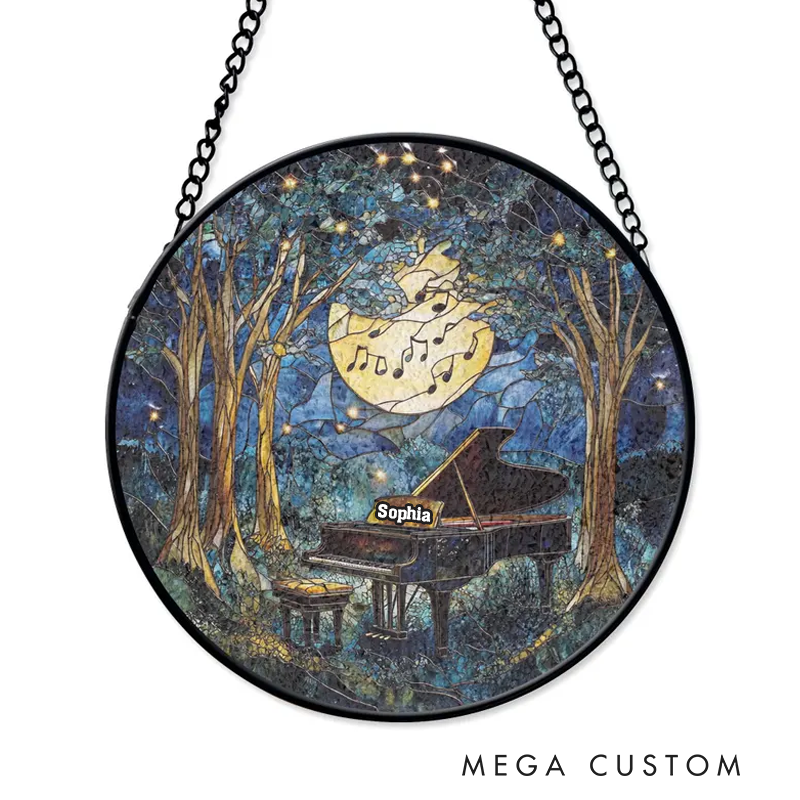 Personalized Name Piano Hobby Stained Glass Musician Job Gift Forest Music Lover Artistic Home Accent Wall Hanging