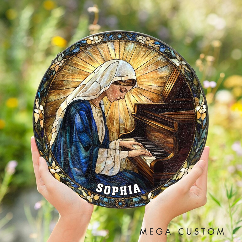 Personalized Name Virgin Mary Piano Stained Glass Suncatcher Catholic Music Lover Stained Glass Religious Pianist Gift Christian Window Hanging