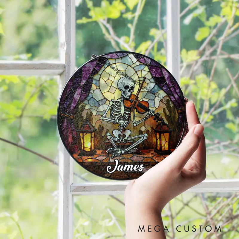 Personalized Name Skeleton Playing Violin Gothic Stained Glass Suncatcher Halloween Window Decor Gift for Music Lovers