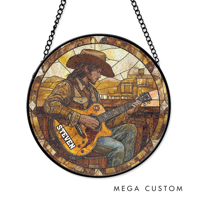 Personalized Name Cowboy Playing Guitar Stained Glass Suncatcher Country Music Lover Suncatcher Gift for Musician Window Hanging