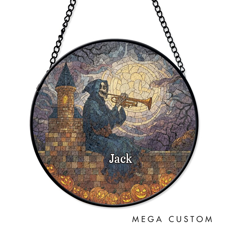 Personalized Name Skeleton Trumpet Player Stained Glass Grim Reaper Musician Suncatcher Halloween Gothic Decor Window Hanging