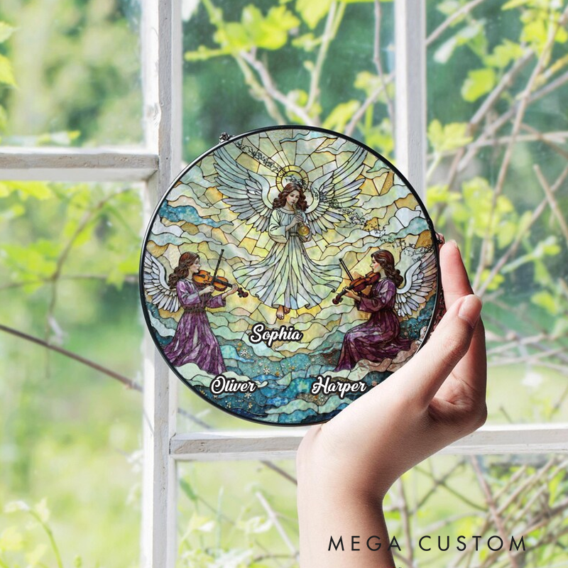 Personalized Name Suncatcher Stained Glass Angel with Two Violinists Christmas Gift for Mom Holiday Home Decor