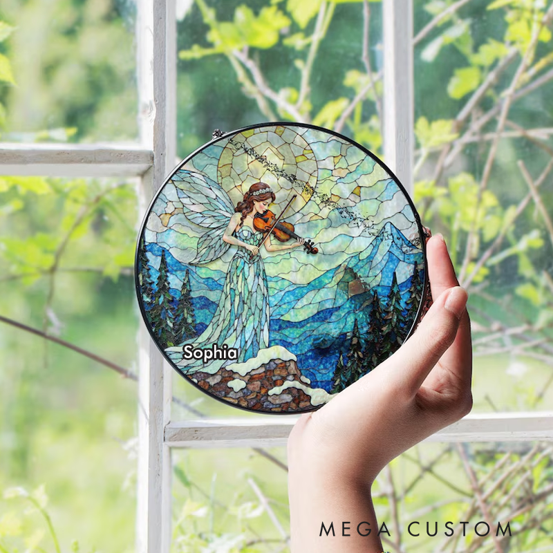 Personalized Name Suncatcher Stained Glass Fairy Playing Violin in Mountain Scene Gift Home Decor