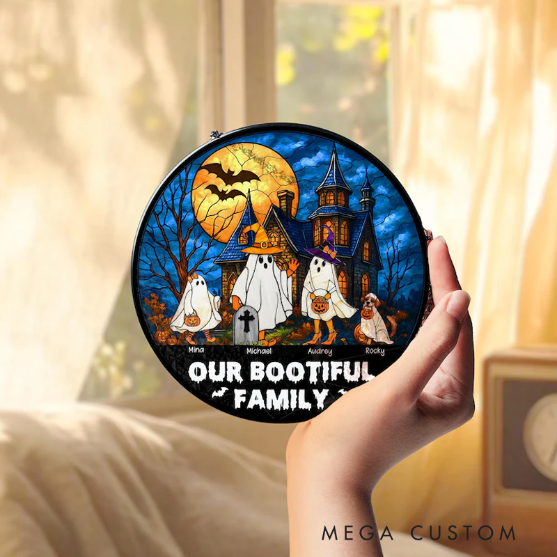 Personalized Name Our Bootiful Family Stained Glass Suncatcher Custom Halloween Window Hanging Fall Stained Glass Art Spooky Home Decor