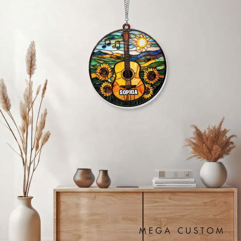 Personalized Name Guitar Suncatcher Guitar Sunflower Ornament Musical Instrument Window Hanging Music Lover Gift Music Suncatcher Guitar Players