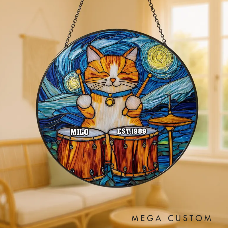 Personalized Name Cat Playing Drums with Starry Night Sky Stained Glass Suncatcher Musical Window Hanging Artistic Home Decor Ornament Gift