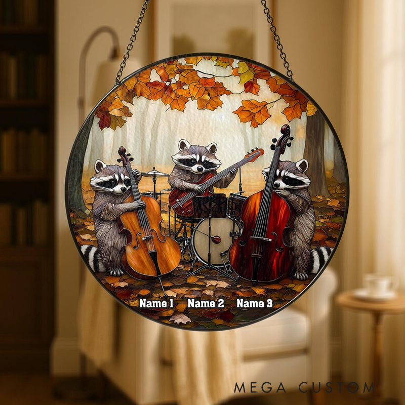 Personalized Name Raccoon Band Stained Glass Suncatcher Autumn Forest Animal with Music Instruments Window Hanging Unique Home Decor