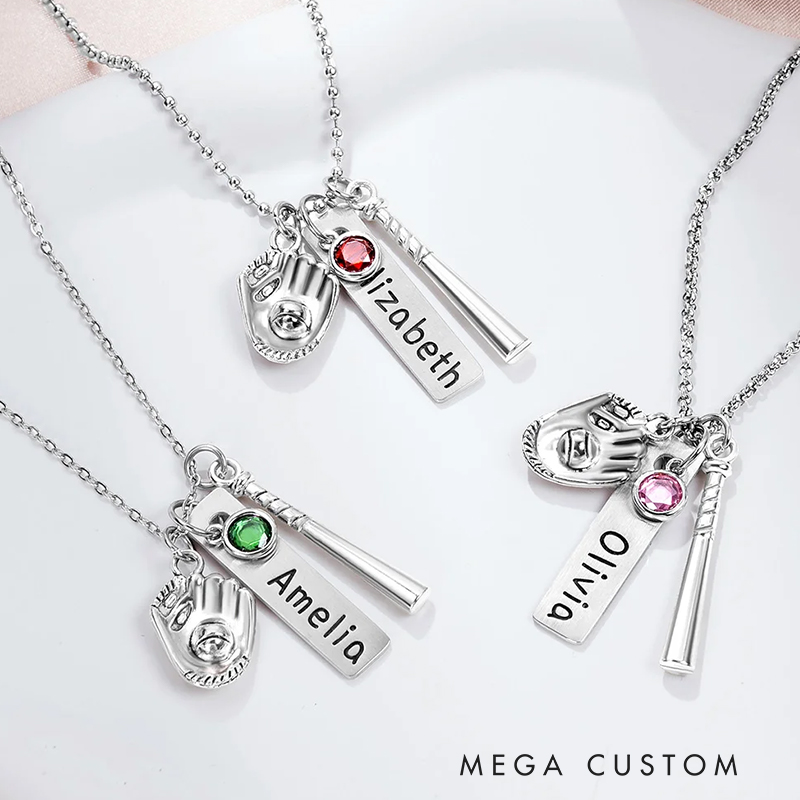 Personalized Birthstone Softball Baseball Bat Glove Necklace with Engraved Name Game Day Team Birthday Gift for Sports Lover