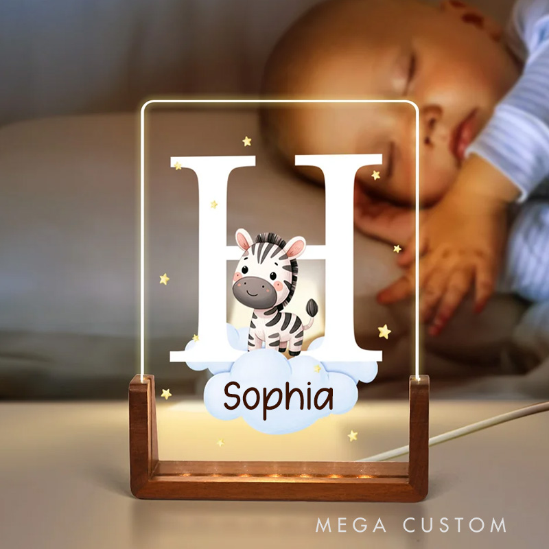 Personalized Cute Forest Animal Acrylic Cloud Star LED Night Light with Wooden Base Name and Initial Birthday Day Gift for Boys Girls