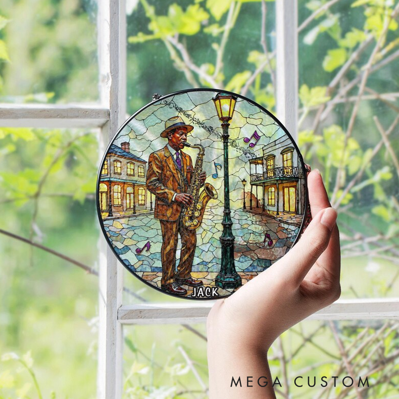 Personalized Name Jazz Saxophone Street Scene Suncatcher Stained Glass Window Decor Gift for Music Lover