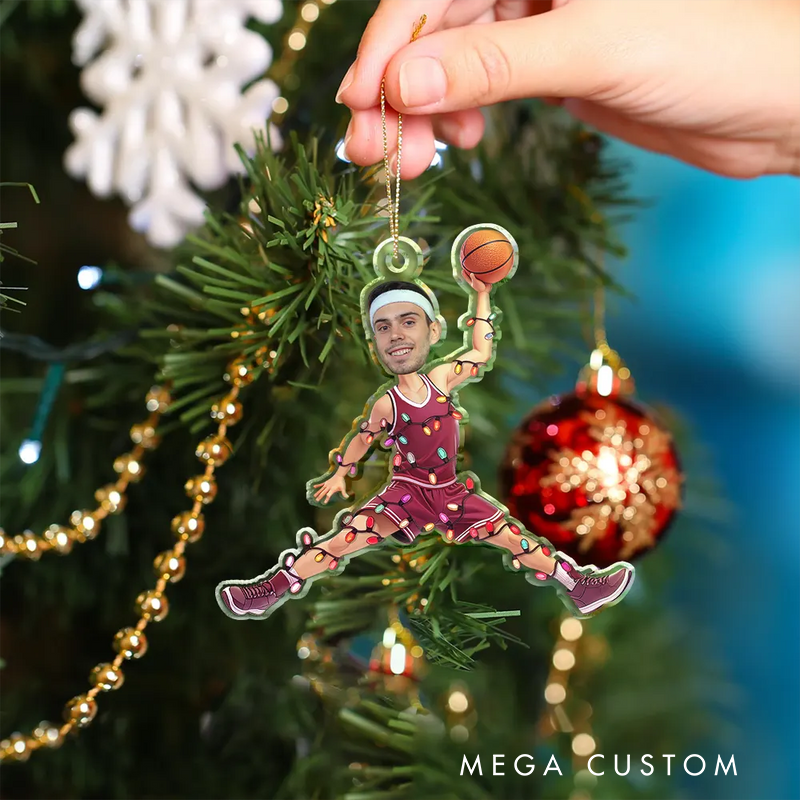 Personalized Basketball Player Christmas Ornament with Custom Face and Festive String Light Design