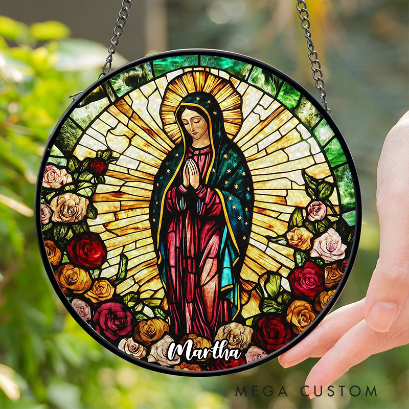 Personalized Lady of Guadalupe Stained Glass Suncatcher Ornament with Name Religious Virgin Mary Window Hanging Decor Mother of God Catholic Gift