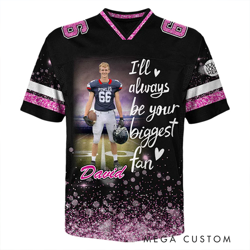 Personalized American Football Jersey with Custom Photo, Name, Number, and Glitter Design