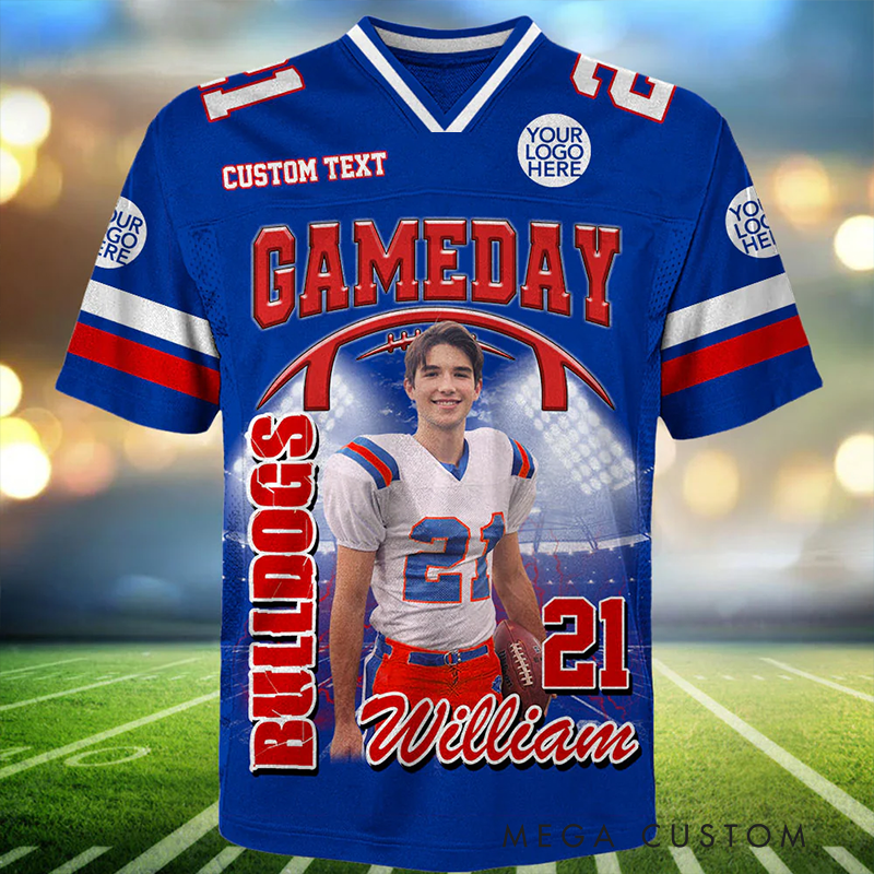 Personalized American Football Gameday Jersey with Custom Photo, Name, and Number Design