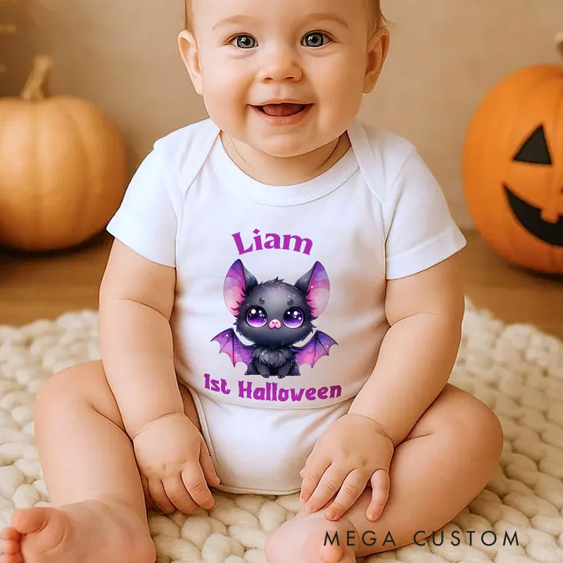 Personalized Cartoon Bat Pumpkin Baby Bodysuit with Name and Text Halloween Gift for Baby Boys Girls