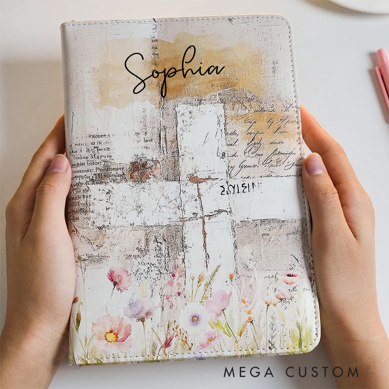 Personalized Watercolor Flower Cross Cardboard Church Notebook with Name for Her Bible Study Notes Religious Christian Gift for Women Mothers Day Gift