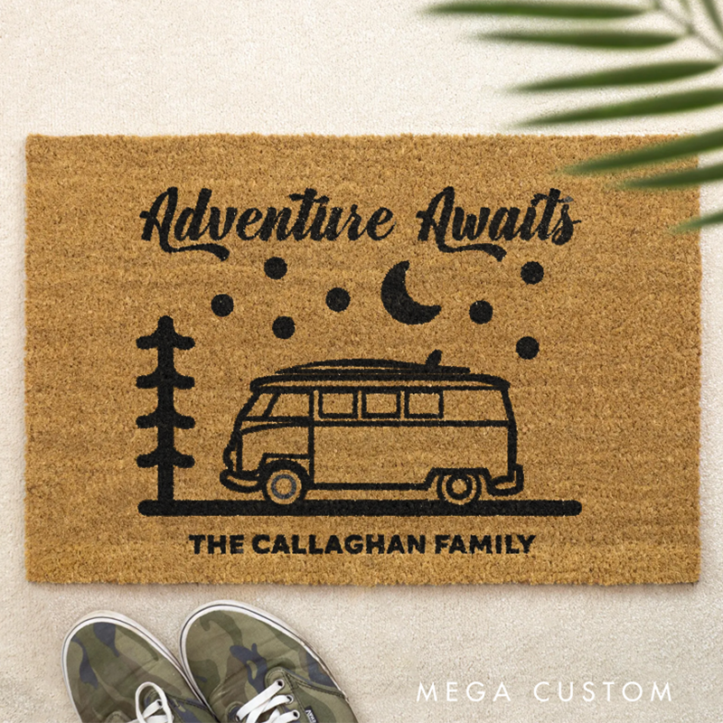 Personalised Brush Door Mat Front Door Mat Custom Adventure Awaits Camper Van Couple Gift Family Name