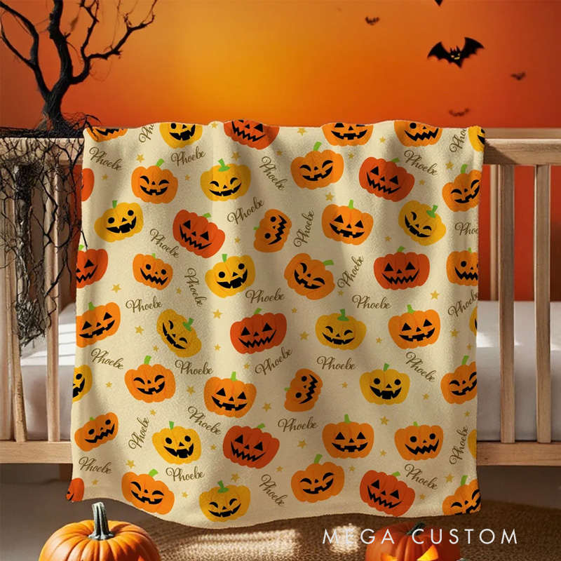 Personalized Halloween Pumpkins Stars Soft Throw Blanket with Name Home Party Decor Halloween Gift for Boys Girls