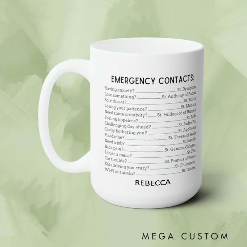 Personalized Emergency Contacts Catholic 11oz 15oz Ceramic Mug with Name All Saints Coffee Mug Godmother Gift Mug Catholic Gifts Confirmation Gifts
