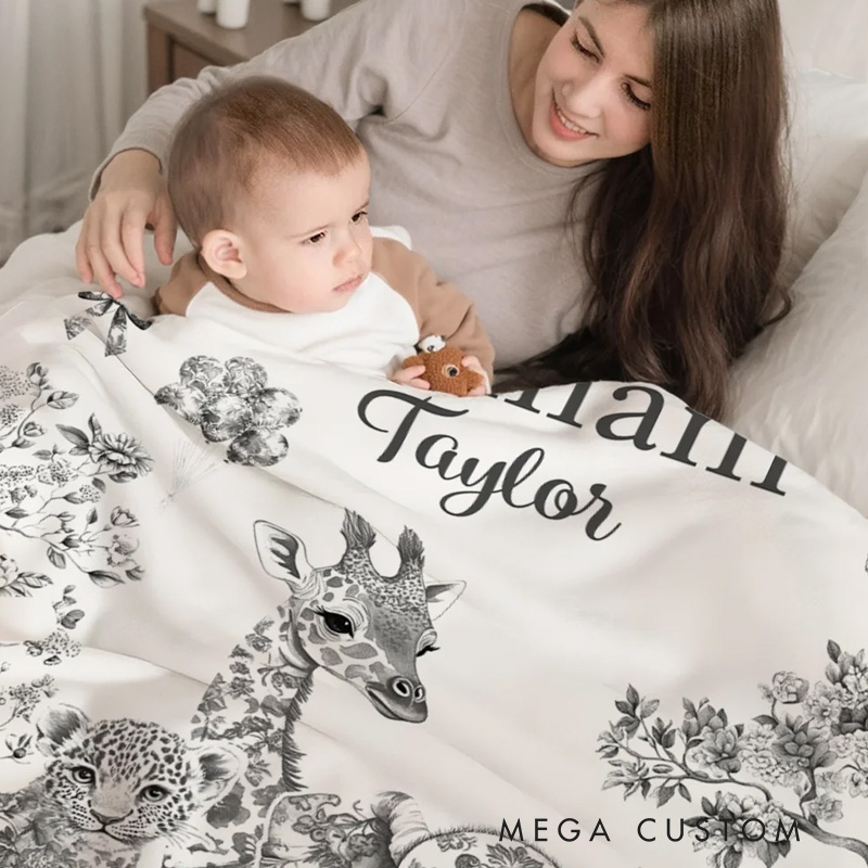 Personalized Mluticolor Floral Leopard Giraffe Elephant Soft Throw Blanket with Name and Surname Nursery Room Gift for Boys Girls