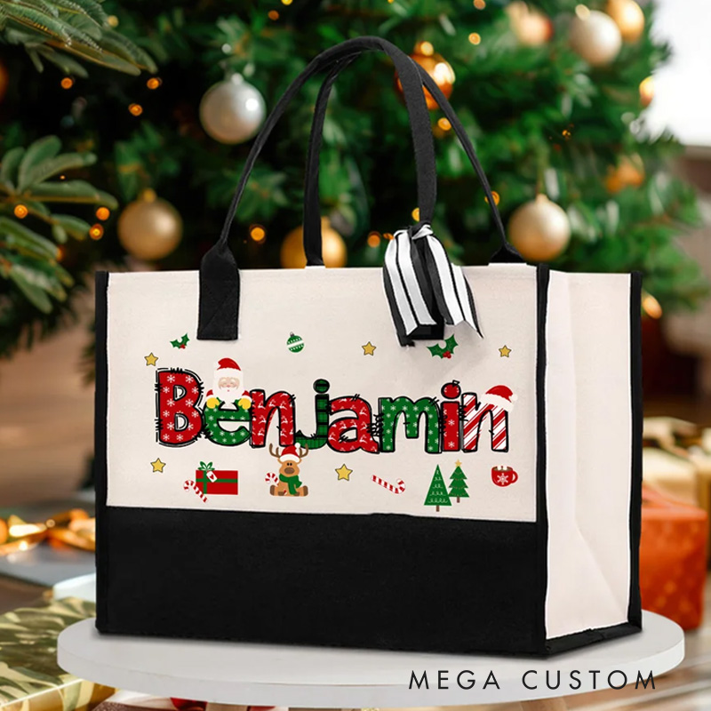 Personalized Santa Claus Elk Large Capacity Canvas Bag with Name Christmas Gift 