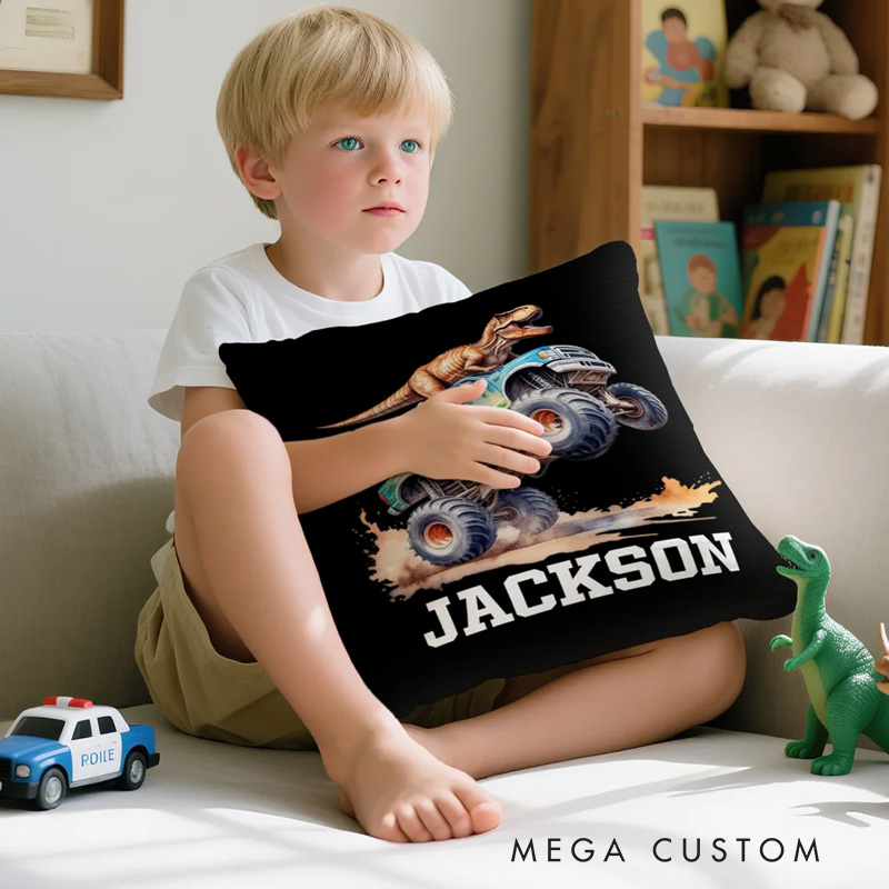 Personalized Dinosaur Truck Soft Throw Pillow with Name Room Decor Birthday Christmas Gift for Boys Girls