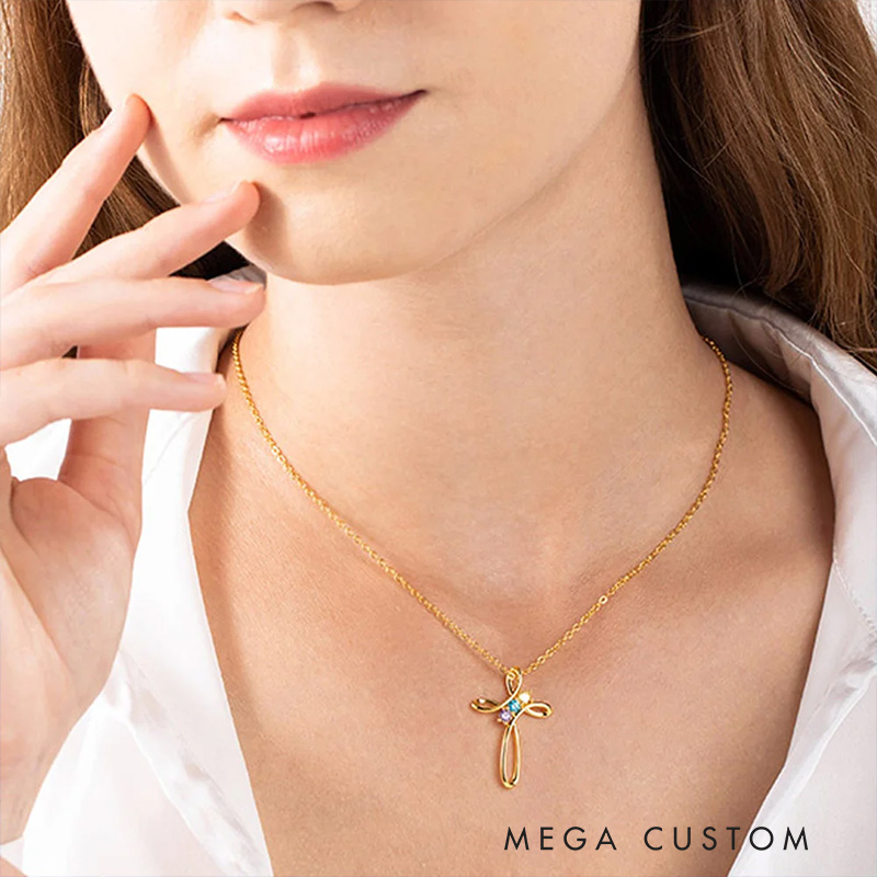 Personalized 1-5 Birthstone Cross Pendant Necklace Mother's Day Gift for Mom Birthday Religious Gift for Women