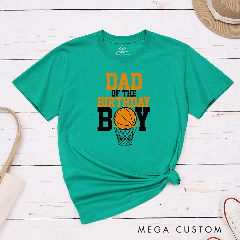 Personalized Family Basketball Birthday T-Shirts with Customizable Titles for Dad, Mom, Brother, Sister, and More Featuring Bold Typography and Basketball Hoop Graphic Design