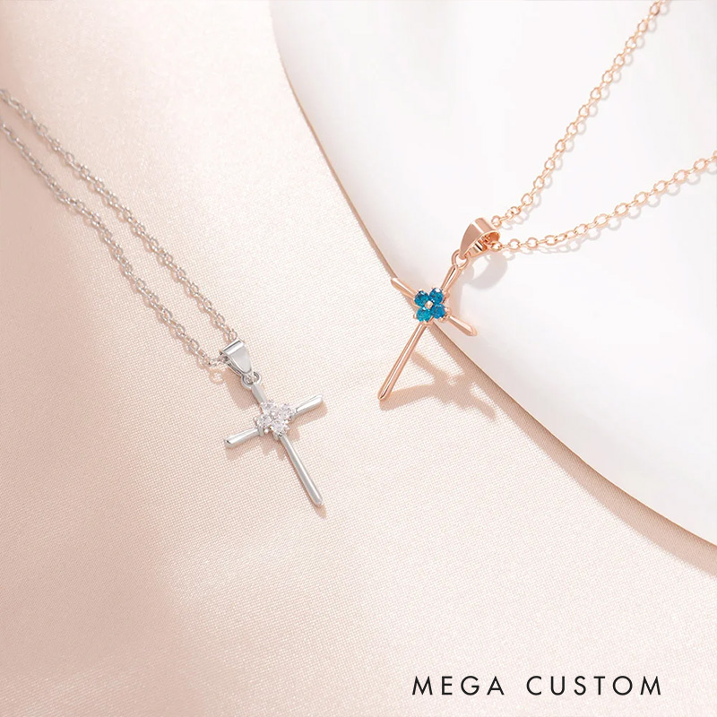 Personalized Minimalism 4 Birthstones Cross Necklace Jesus Jewelry Birthday Christian Baptism Gift for Women