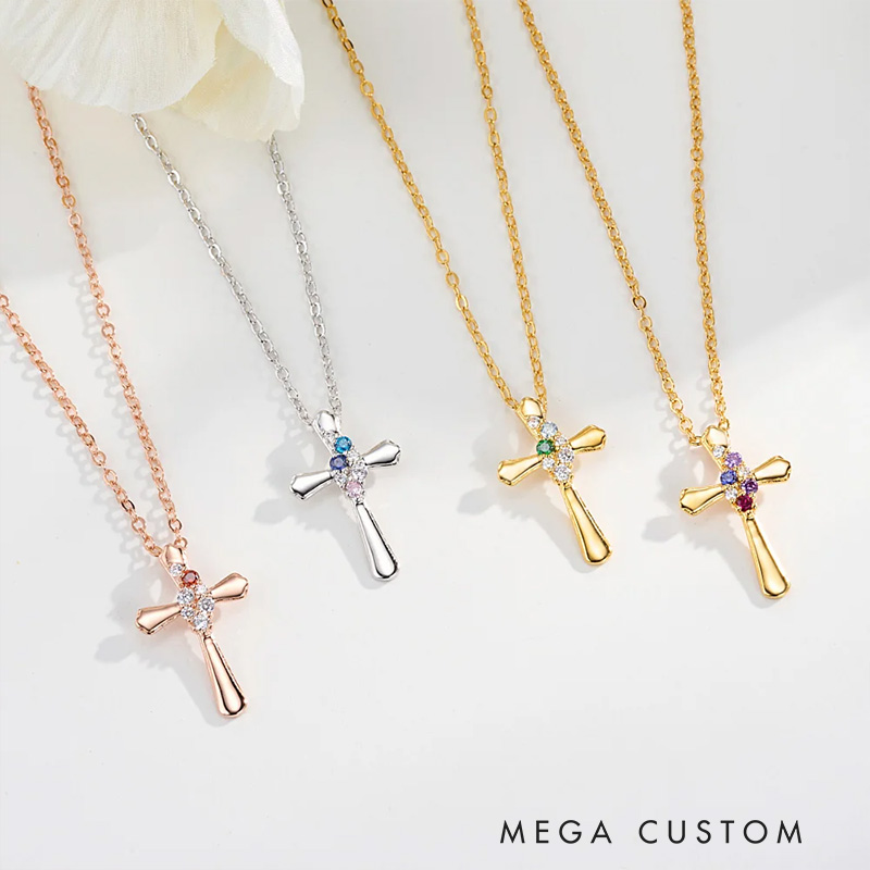 Personalized Dainty Zircon Cross Necklace with 1-4 Birthstones Religious Jewelry Birthday Baptism Mother's Day Gift for Women Christian