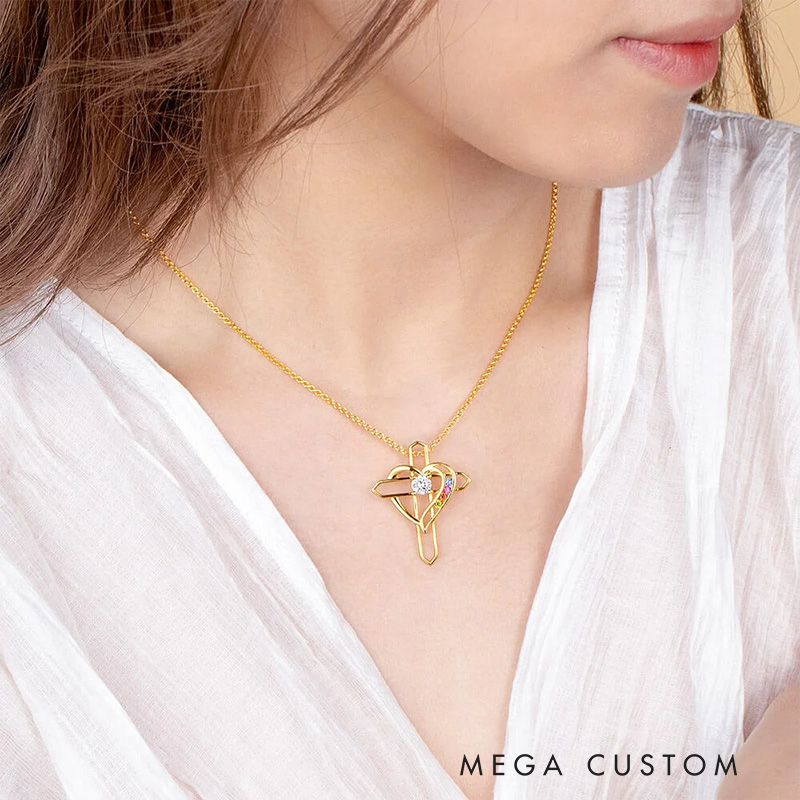 Personalized Heart and Cross Family Birthstone Necklace with 2/4 Birthstones Religious Jewelry Birthday Baptism Mother's Day Gift for Women Christian