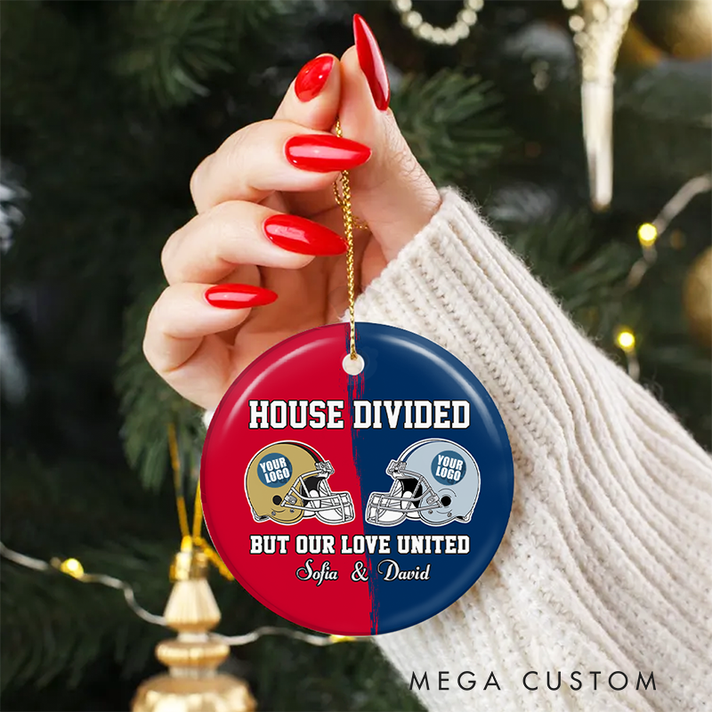 Personalized American Football Christmas Ornament for Couples with Custom Team Logos and Names