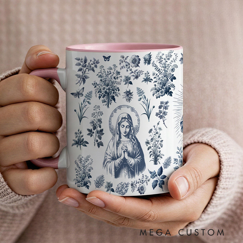 Personalized Catholic Virgin Mary Toile  11oz 15oz Ceramic Mug with Name Our Lady Coffee Cup Floral Catholic Mug Marian Mug Christian Gift for Women
