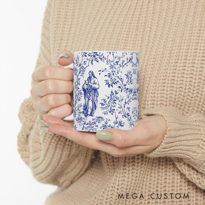 Personalized Jesus and Lost Lamb Blue Toile de Jouy 11oz 15oz Ceramic Mug with Name French Toile Coffee Cup Religious Gift for Women Faith Tea Cup