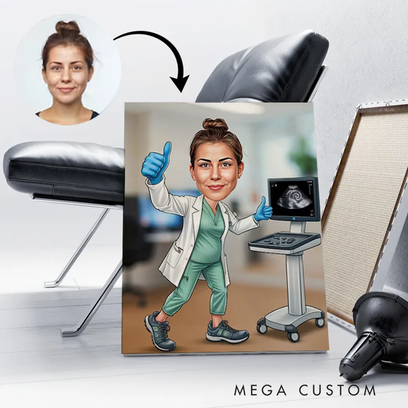 Personalized Cartoon Nurse Portrait From Photo Custom Sonographer Female Cartoon Nurse Portrait Wall Art