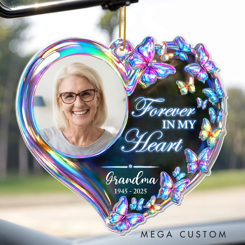 Personalized Memorial Photo Ornament Forever In My Heart Colorful Butterflies Ornament Sympathy Gifts for Loss of Loved One