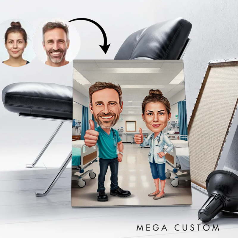 Personalized Cartoon Nurse Portrait From Photo Custom Nurse Couple Cartoon Portrait Wall Art