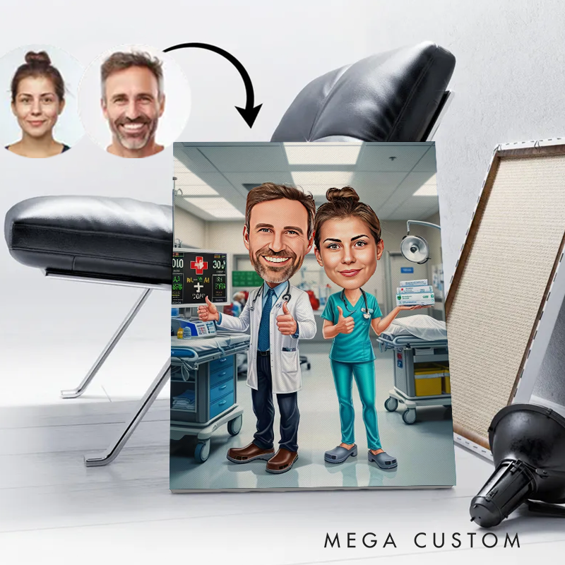 Personalized Cartoon Nurse Portrait From Photo Custom Nurse Couple Cartoon Portrait Wall Art