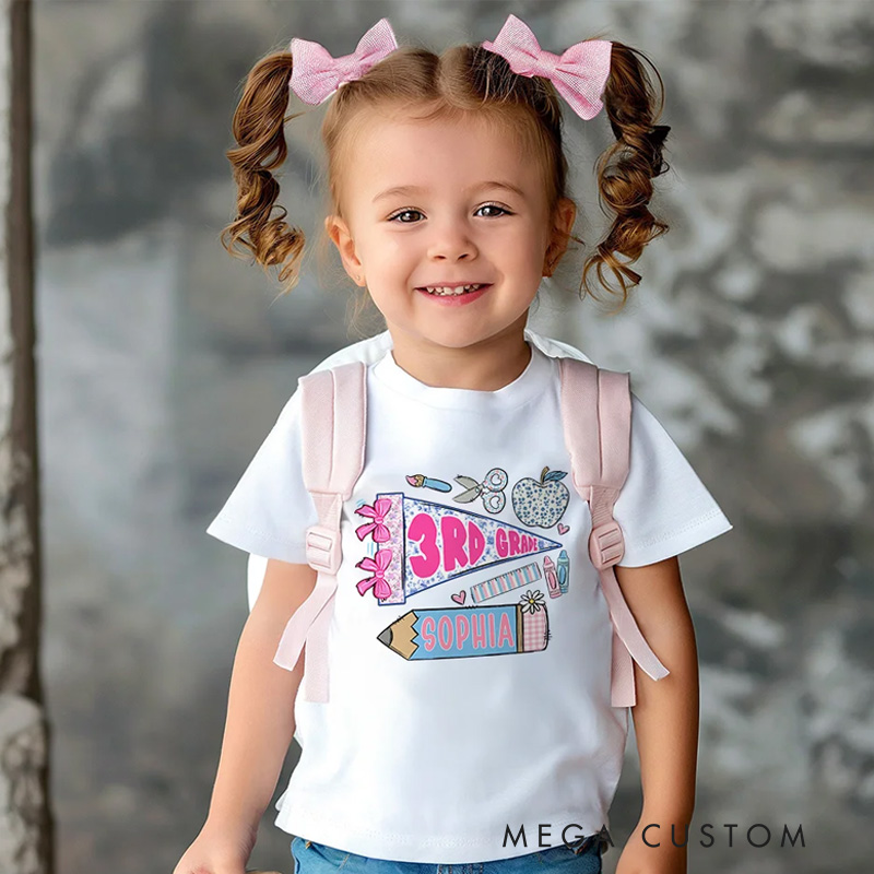 Personalized Pencil Apple Scissors Crayon Pennant Kid T-Shirt with Name and Grade Back to School Birthday Gift for Boys Girls