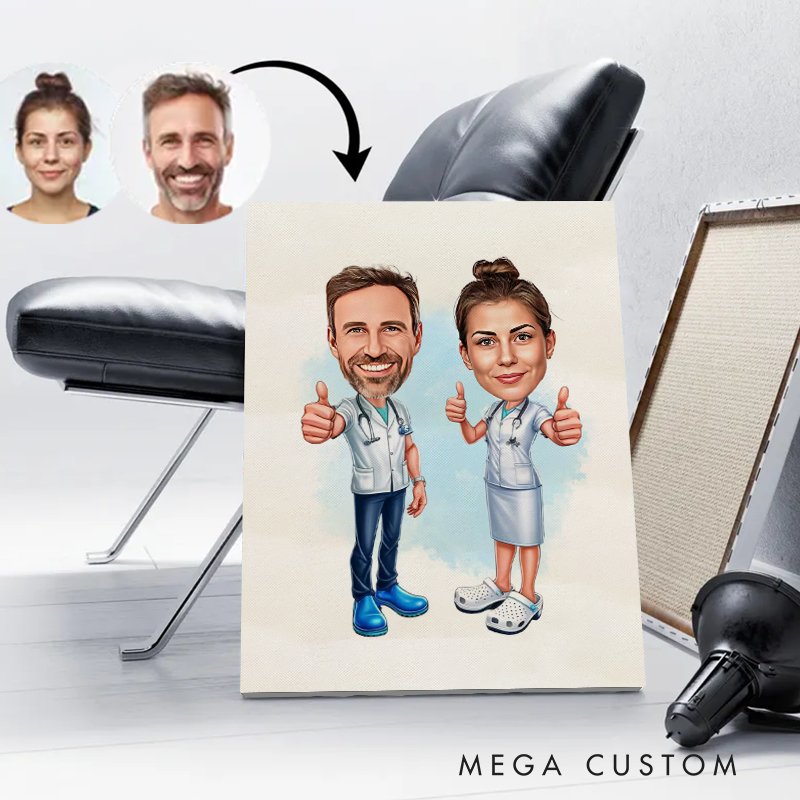 Personalized Cartoon Nurse Portrait From Photo Custom Nurse Couple Cartoon Portrait Wall Art