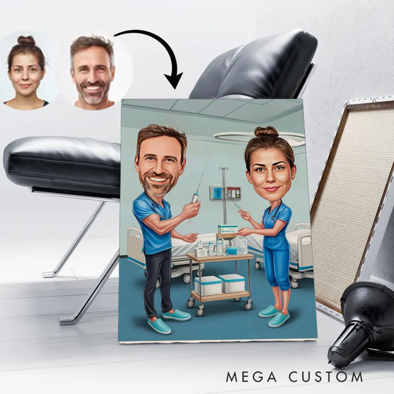 Personalized Cartoon Nurse Portrait From Photo Custom Nurse Couple Cartoon Portrait Wall Art