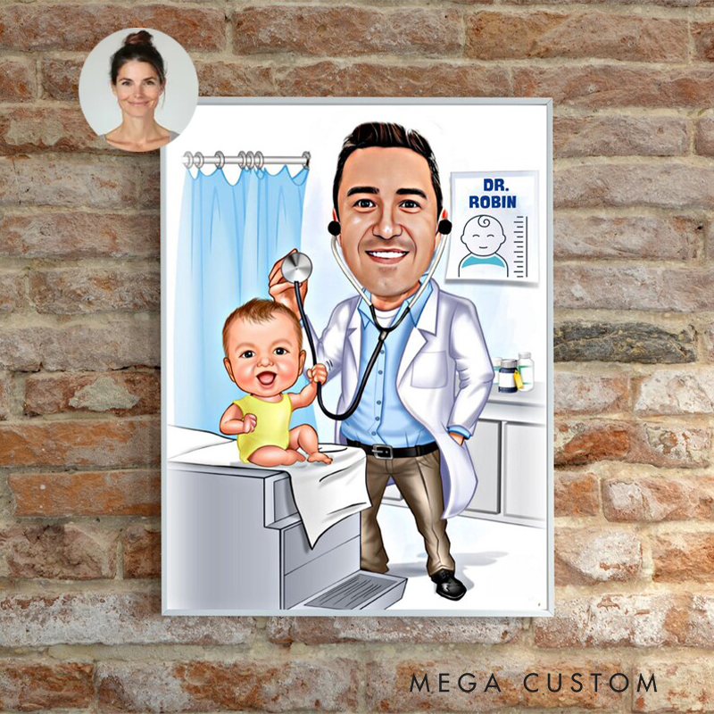 Personalized Male Pediatrician Cartoon Portrait Pediatric Doctor Caricature Wall Art
