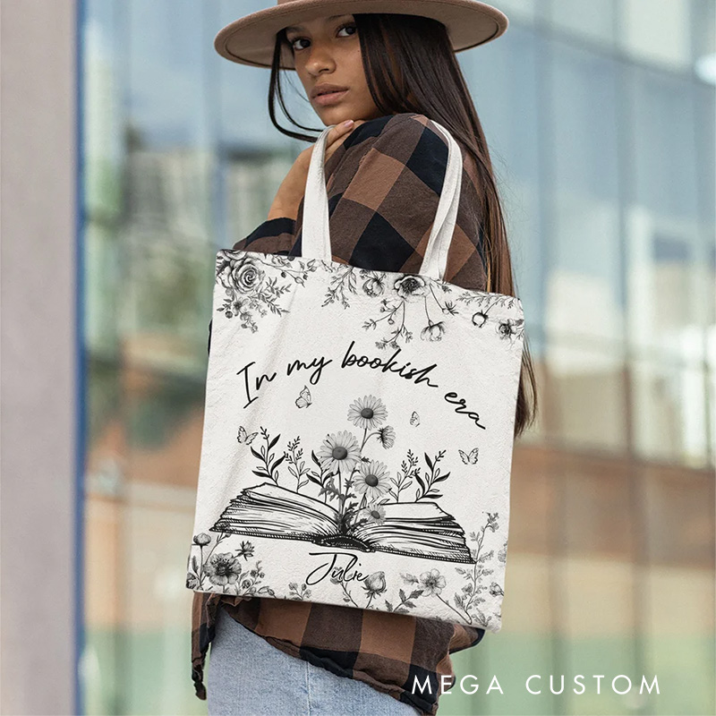 Personalized in My Bookish Era Toile Tote Bag Birth Flower Canvas Bag with Name Birthday Gift for Reading Lover Bookworm Bookish Gift