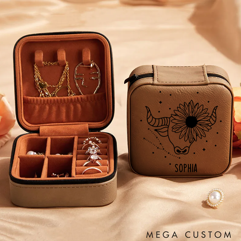 Personalized Leather Jewelry Box With Name Zodiac Signs Gifts for Women Jewelry Travel Case Jewelry Organizer Box