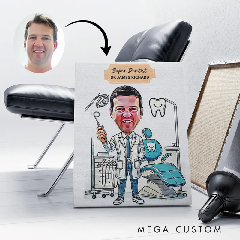Personalized Super Dentist Cartoon Portrait Dentist Caricature Wall Art