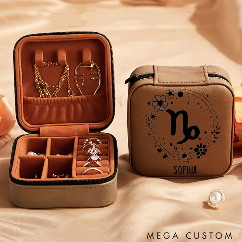 Personalized Leather Jewelry Box With Name & Zodiac Signs Gifts for Women Jewelry Travel Case Jewelry Organizer Box