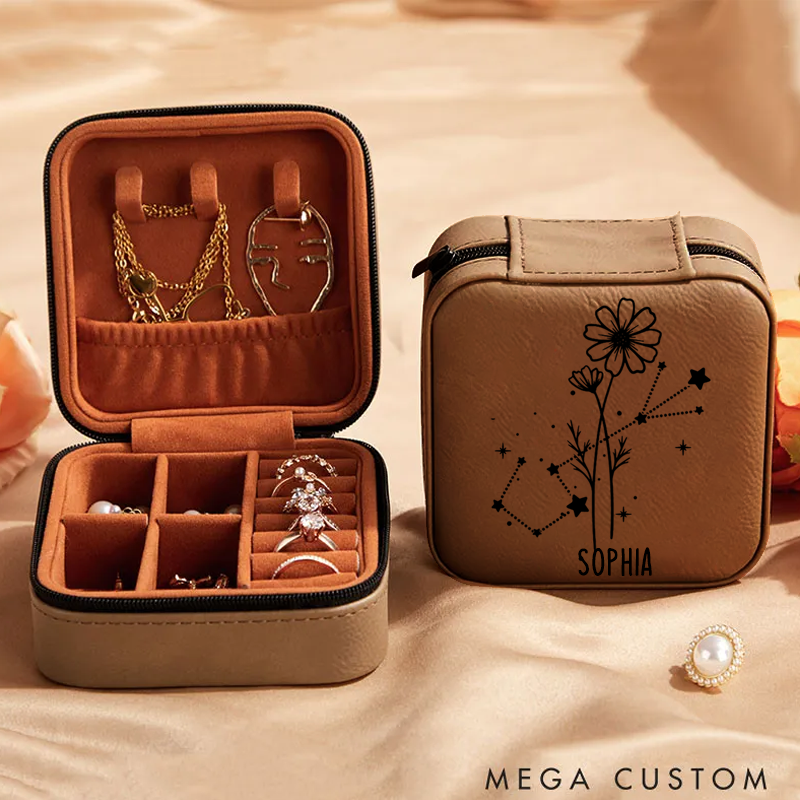 Personalized Zodiac Sign Jewelry Case Zodiac Moon Gift Zodiac Leather Travel Case Gift for Her Astrology Jewelry Box
