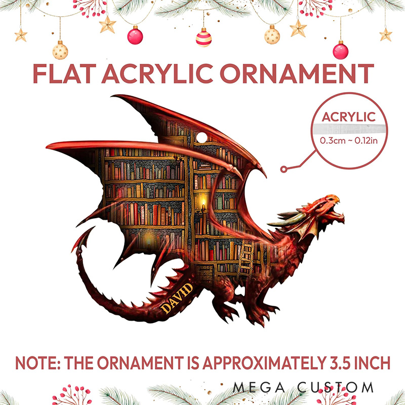Personalized Dragon Book Christmas Ornament Custom Bookish Ornament with Name for Fantasy Book Lover Gift Librarian Gift