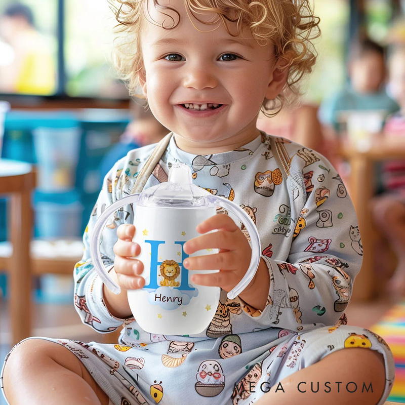 Personalized Initial Forest Animals Insulated Name Sippy Cup with Lid and Handle Birthday Baby Shower Back to School Gift for Toddler Kids