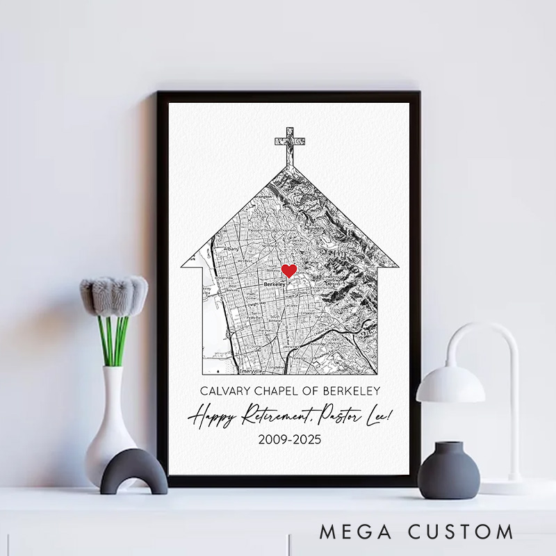 Personalized Map of Church Frameless Poster with Name and Year Wall Decor Pastor Appreciation Gift Priest Leaving Gift Retirement Installation Gift